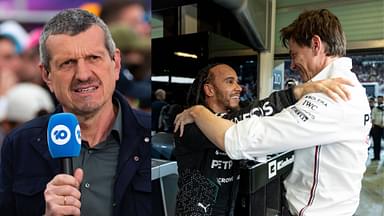 Guenther Steiner (L), Toto Wolff and Lewis Hamilton (R)