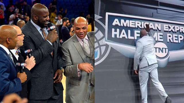 Shaquille O'Neal and the TNT crew (L) and Shaq breaks the Big Board (R)