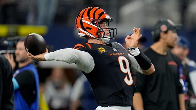 Cincinnati Bengals quarterback Joe Burrow (9) practices his throw before Dallas Cowboys during Monday Night Football at AT&T Stadium in Arlington, Texas on Monday, December 9, 2024.