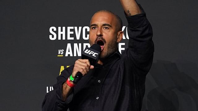 UFC play-by-play commentator Jon Anik introduces the fighters during weigh-ins for UFC 261 at VyStar Veterans Memorial Arena.