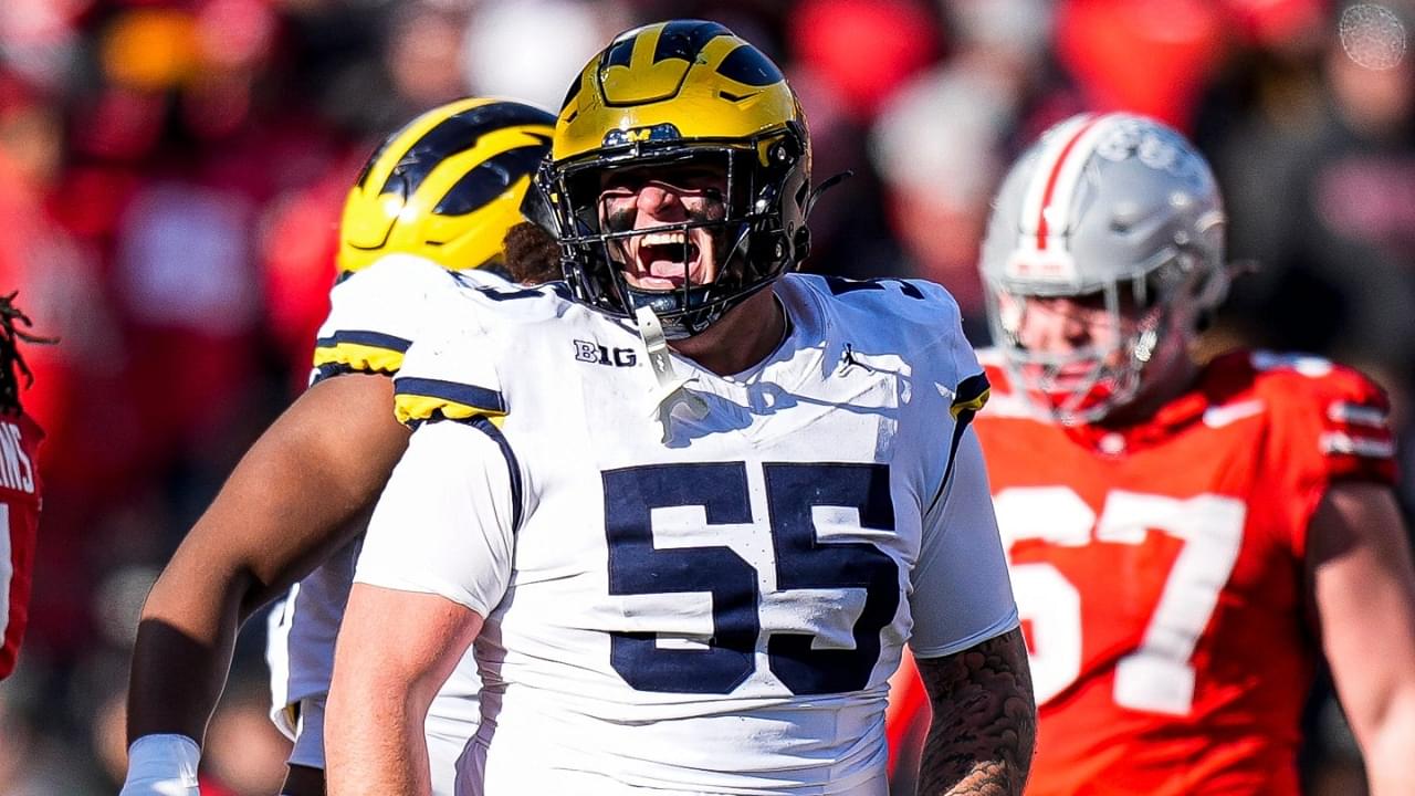 Michigan defensive lineman Mason Graham (55) celebrates a play against Ohio State during the second half at Ohio Stadium in Columbus, Ohio on Saturday, Nov. 30, 2024.