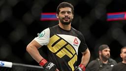 Adriano Martins (red gloves) reacts after defeating Islam Makhachev (not pictured) during UFC 192 at Toyota Center.