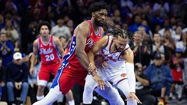 Philadelphia 76ers center Joel Embiid (21) defends against New York Knicks guard Jalen Brunson (11) during the third quarter at Wells Fargo Center.