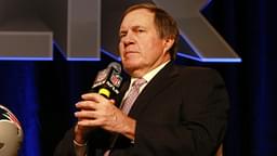 2015: Patriots head coach Bill Belichick answers questions during a press conference with the Vince Lombardi trophy as the New England Patriots and Seattle Seahawks prepare for Super Bowl XLIX.