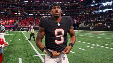 Atlanta Falcons quarterback Michael Penix Jr. (9) on the field after a victory over the New York Giants at Mercedes-Benz Stadium.