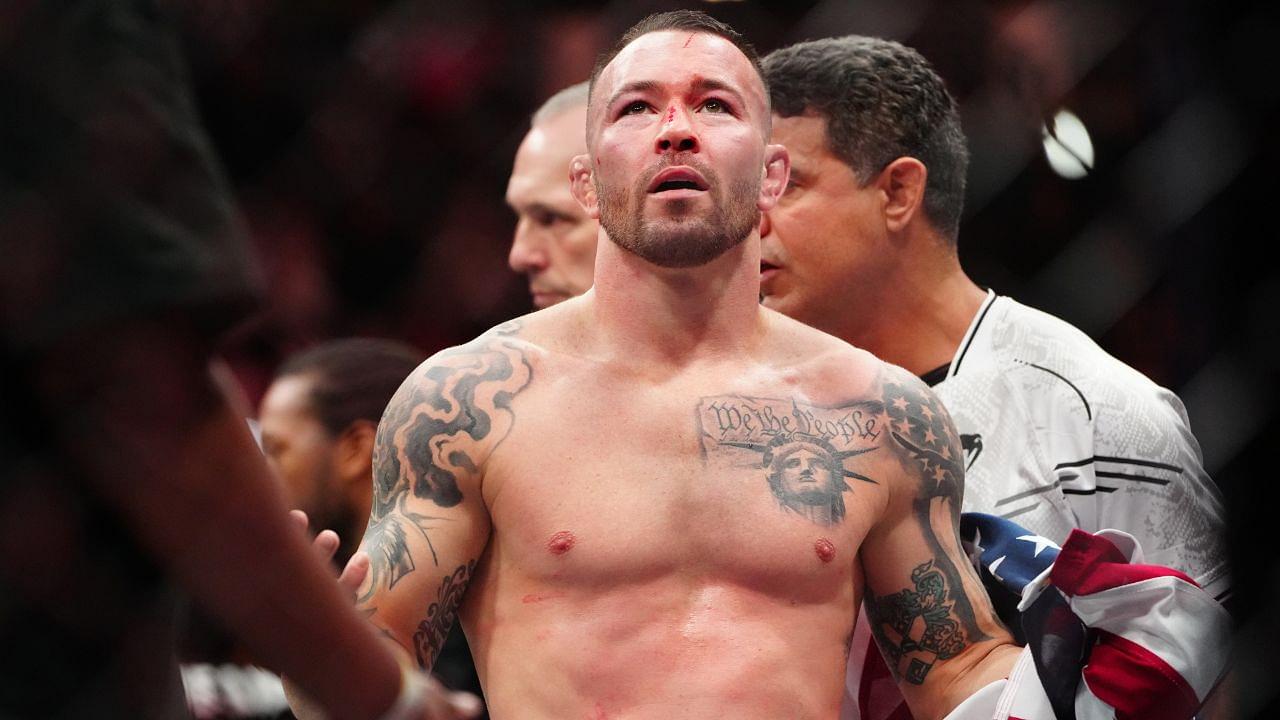 Colby Covington reacts after losing to Leon Edwards (not pictured) during UFC 296 at T-Mobile Arena.