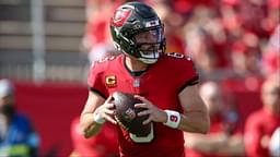 Tampa Bay Buccaneers quarterback Baker Mayfield (6) drops back to pass against the Las Vegas Raiders in the first quarter at Raymond James Stadium.