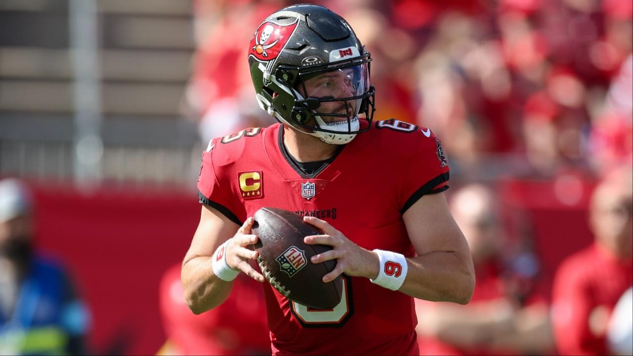 Tampa Bay Buccaneers quarterback Baker Mayfield (6) drops back to pass against the Las Vegas Raiders in the first quarter at Raymond James Stadium.