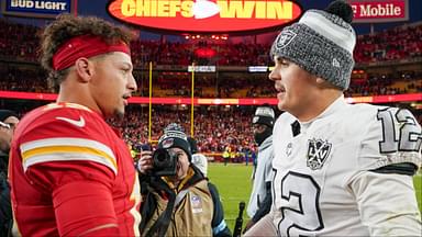 Kansas City Chiefs quarterback Patrick Mahomes (15) shakes hands with Las Vegas Raiders quarterback Aidan O'Connell (12) after the game at GEHA Field at Arrowhead Stadium.