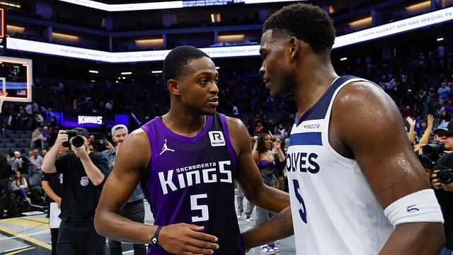 Sacramento Kings guard De'Aaron Fox (5) and Minnesota Timberwolves guard Anthony Edwards (5) meet after the game at Golden 1 Center.