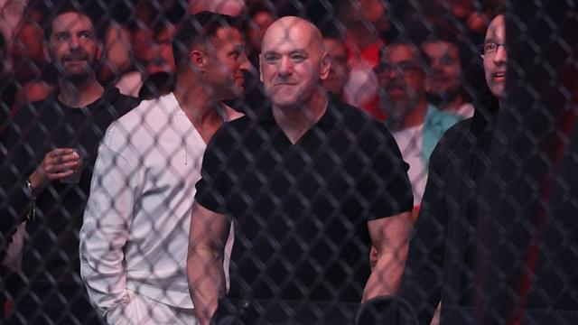 Dec 14, 2024; Tampa, Florida, UNITED STATES; UFC CEO Dana White watches the fight between Cub Swanson (red gloves) and Billy Quarantillo (blue gloves) at Amalie Arena.