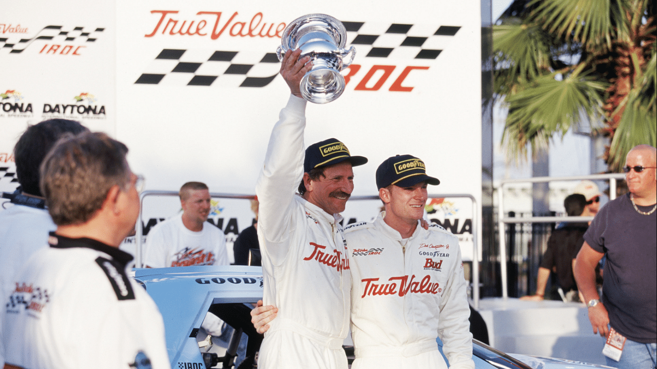 NASCAR driver Dale Earnhardt Sr and Dale Earnhardt Jr in victory lane after Earnhardt Sr. won the IROC race at Daytona International Speedway.