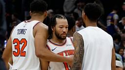 New York Knicks center Karl-Anthony Towns (32) hugs New York Knicks guard Jalen Brunson (11) after their game against the Washington Wizards at Capital One Arena.