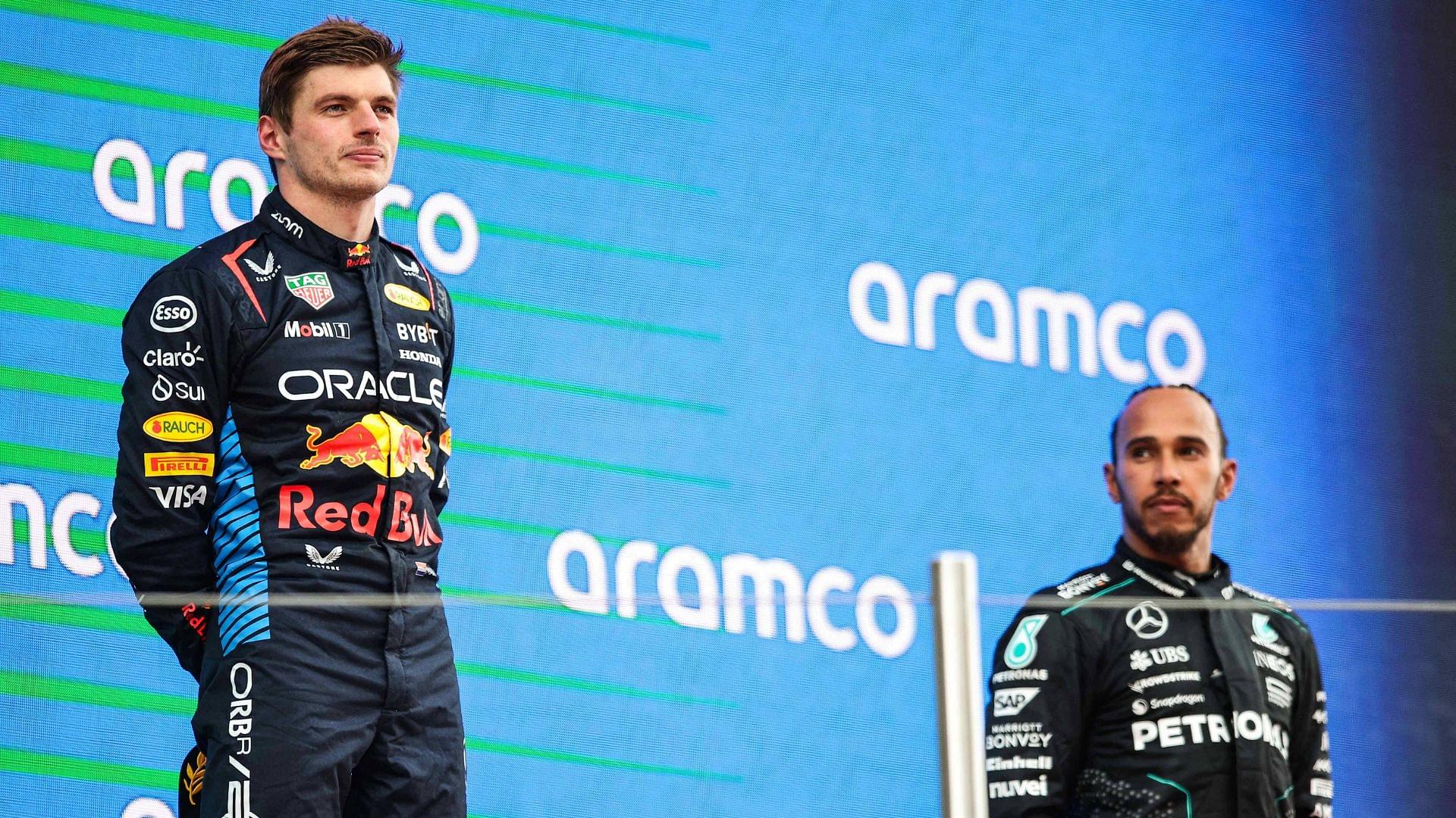 HAMILTON Lewis (gbr), Mercedes AMG F1 Team W15, portrait VERSTAPPEN Max (ned), Red Bull Racing RB20, portrait podium during the Formula 1 Aramco Spanish Grand Prix 2024