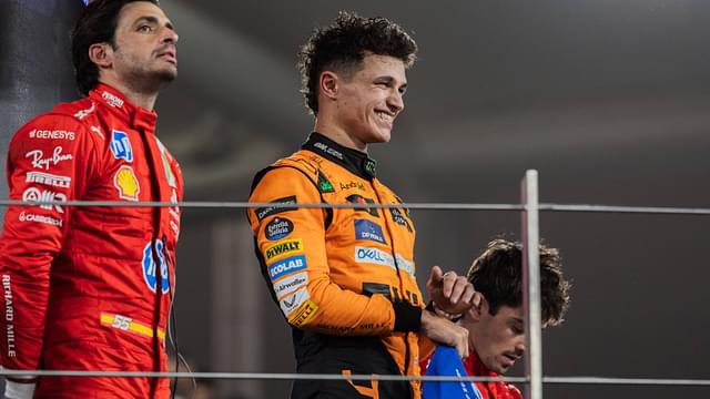 Yas Marina Circuit, Abu Dhabi, United Arab Emirates 8.December.2024; Lando Norris, Carlos Sainz and Charles Leclerc on the podium during Formula One Abu Dhabi GP