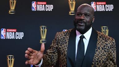 Shaquille O'Neal arrives on the red carpet before the Emirates NBA Cup semifinal game at T-Mobile Arena