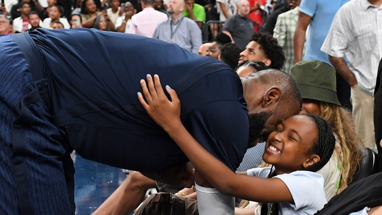 USA forward Lebron James (6) greets his daughter Zhuri James after the third quarter against Canada for the USA Basketball Showcase at T-Mobile Arena.