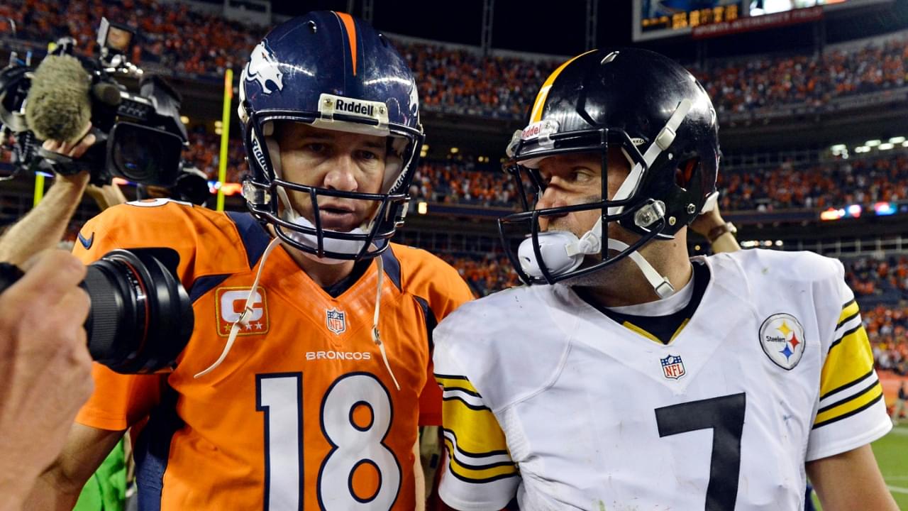 September 9 2012; Denver, CO, USA; Denver Broncos quarterback Peyton Manning (18) greets Pittsburgh Steelers quarterback Ben Roethlisberger (7) following the game at Sports Authority Field. The Broncos defeated the Steelers 31-19.