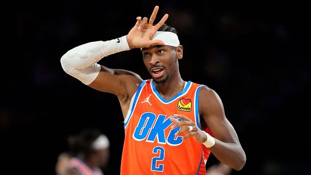 Oklahoma City Thunder guard Shai Gilgeous-Alexander (2) reacts during the fourth quarter against the Houston Rockets in a semifinal of the 2024 Emirates NBA Cup at T-Mobile Arena.