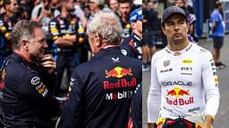 Christian Horner, Helmut Marko (L) and Sergio Perez (R)