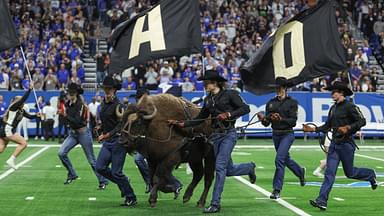 Colorado Buffaloes mascot Ralphie the Buffalo runs on the field before the game against the Brigham Young Cougars at Alamodome.