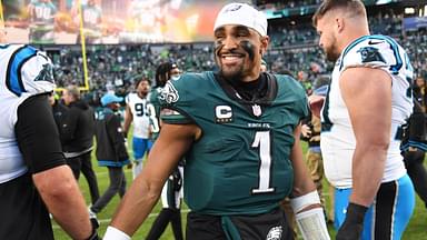 Philadelphia Eagles quarterback Jalen Hurts (1) on the field after win against the Carolina Panthers at Lincoln Financial Field.