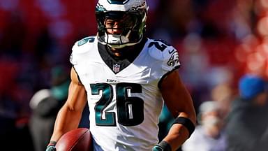 Philadelphia Eagles running back Saquon Barkley (26) warms up before playing against the Washington Commanders at Northwest Stadium.