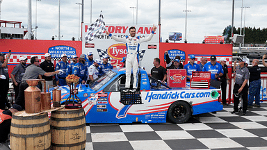 NASCAR Craftsman Truck Series driver Kyle Larson (7) celebrates his win during the Tyson 250 at North Wilkesboro Speedway.