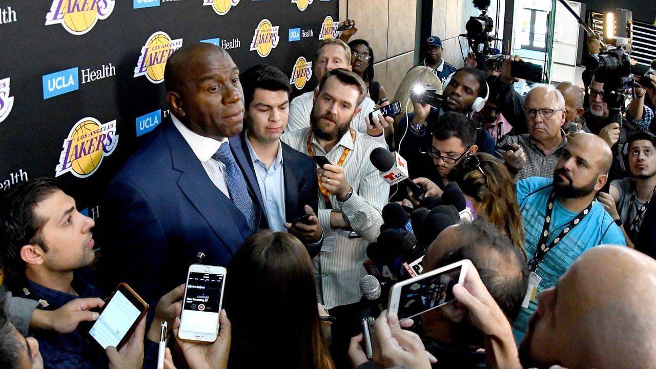 Los Angeles Lakers president of basketball operations Magic Johnson is interviewed during Lakers Media Day at the UCLA Health Training Center in El Segundo, CA.