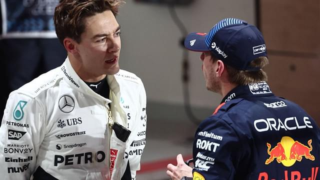 George Russell of Mercedes and Max Verstappen of Red Bull Racing after qualifying ahead of the Formula 1 Grand Prix of Qatar