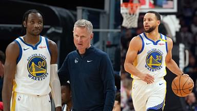 Steve Kerr and Jonathan Kuminga (L) and Stephen Curry (R)