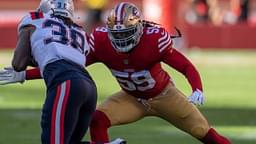 Sep 29, 2024; Santa Clara, California, USA; San Francisco 49ers linebacker De'Vondre Campbell (59) tackles New England Patriots running back Rhamondre Stevenson (38) during the fourth quarter at Levi's Stadium.