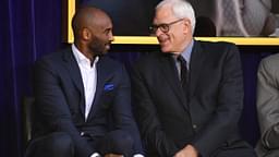 Kobe Bryant (left) and Phil Jackson react during ceremony to unveil statue of Los Angeles Lakers former center Shaquille O'Neal at Staples Center.