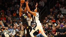 Dec 3, 2024; Phoenix, Arizona, USA; Phoenix Suns forward Kevin Durant (35) against San Antonio Spurs center Victor Wembanyama (1) in the first half of an NBA Cup game at Footprint Center. Mandatory Credit: Mark J. Rebilas-Imagn Images