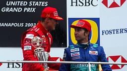 Winner Michael Schumacher (Ferrari, left) congratulates Heinz-Harald Frentzen (both Germany Sauber-Petronas) on his third place in the Motorsport Grand Prix Men's USA Grand Prix 2003