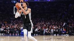 San Antonio Spurs center Victor Wembanyama (1) takes a three point shot in the first quarter against the New York Knicks at Madison Square Garden