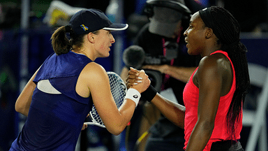 Iga Swiatek of Poland (left) greets Coco Gauff of the United States (right) after her win during the San Diego Open