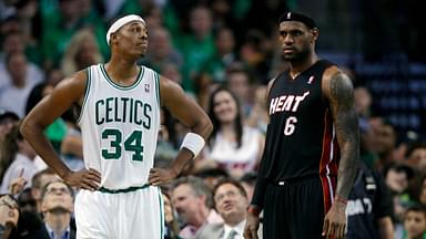 Oct 26, 2010; Boston, MA, USA; Boston Celtics forward Paul Pierce (34) on the court during a break in the first half with Miami Heat forward LeBron James (6) at the TD Garden. Mandatory Credit: David Butler II-Imagn Images