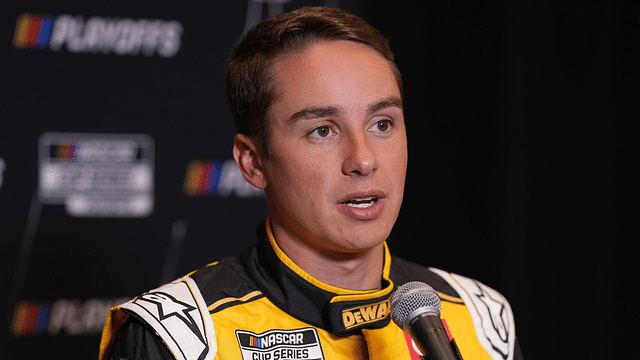 Christopher Bell speaks to media members during the NASCAR Playoffs Media Day at the Charlotte Convention Center.