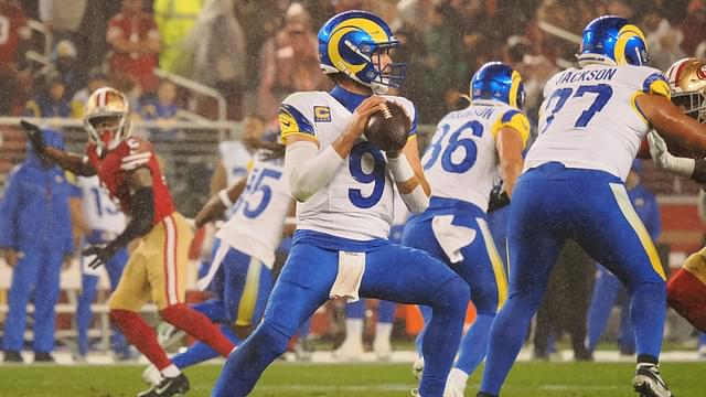 Dec 12, 2024; Santa Clara, California, USA; Los Angeles Rams quarterback Matthew Stafford (9) looks to pass the ball against the San Francisco 49ers during the second quarter at Levi's Stadium.