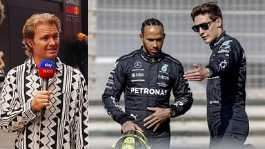 Nico Rosberg (L), Lewis Hamilton and George Russell (R)