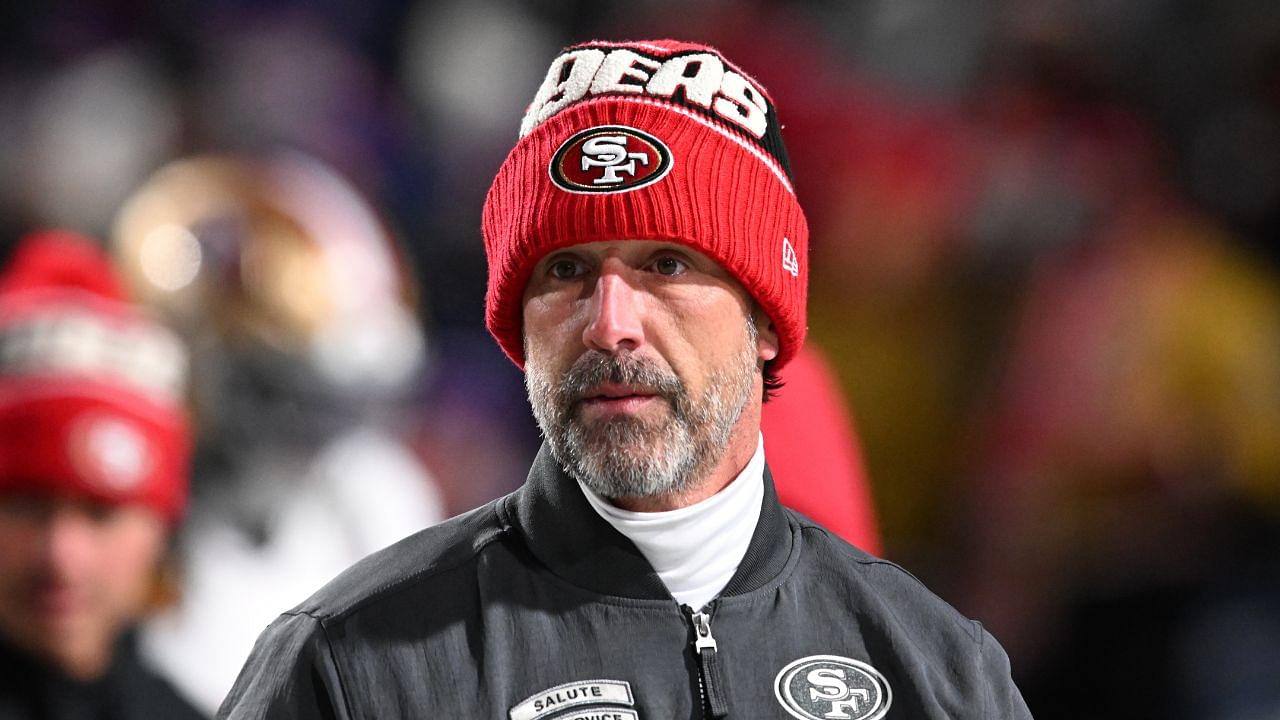 San Francisco 49ers head coach Kyle Shanahan on the field before a game against the Buffalo Bills at Highmark Stadium.