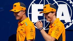 December 6, 2024, Abu Dhabi, Singapore, United Arab Emirates: LANDO NORRIS (GBR) of McLaren 4 and OSCAR PIASTRI (AUS) of McLaren 81 in the paddock on Friday 2024 Formula 1 Abu Dhabi Grand Prix at the Yas Marina Circuit. Abu Dhabi United Arab Emirates