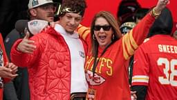 Kansas City Chiefs quarterback Patrick Mahomes (15) celebrates with his mother Randi Martin during the Kansas City Chiefs Super Bowl parade.