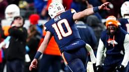 Dec 2, 2024; Denver, Colorado, USA; Denver Broncos quarterback Bo Nix (10) celebrates following a touchdown in the third quarter against the Cleveland Browns at Empower Field at Mile High.