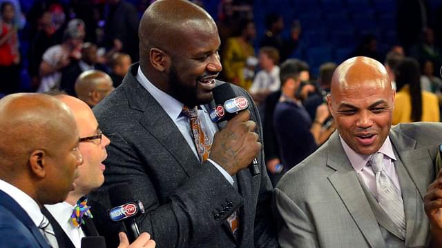 NBA former players Shaquille O'Neal, Charles Barkley and Karl Malone after the 2014 NBA All Star dunk contestat Smoothie King Center.