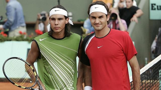 Rafael Nadal (L) and Roger Federer (R) at French Open 2005