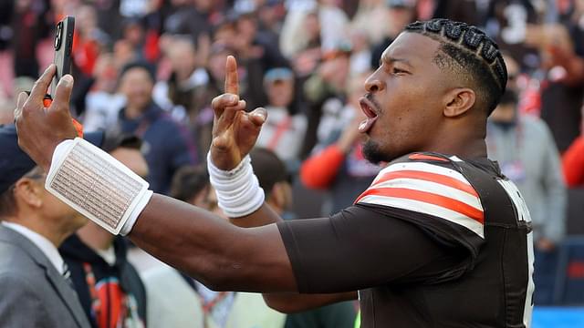 Cleveland Browns quarterback Jameis Winston (5) celebrates his first win as a starter after an NFL football game against the Baltimore Ravens at Huntington Bank Field