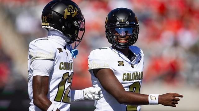 Colorado Buffalos quarterback Shedeur Sanders (2) with wide receiver Travis Hunter (12) against the Arizona Wildcats at Arizona Stadium.