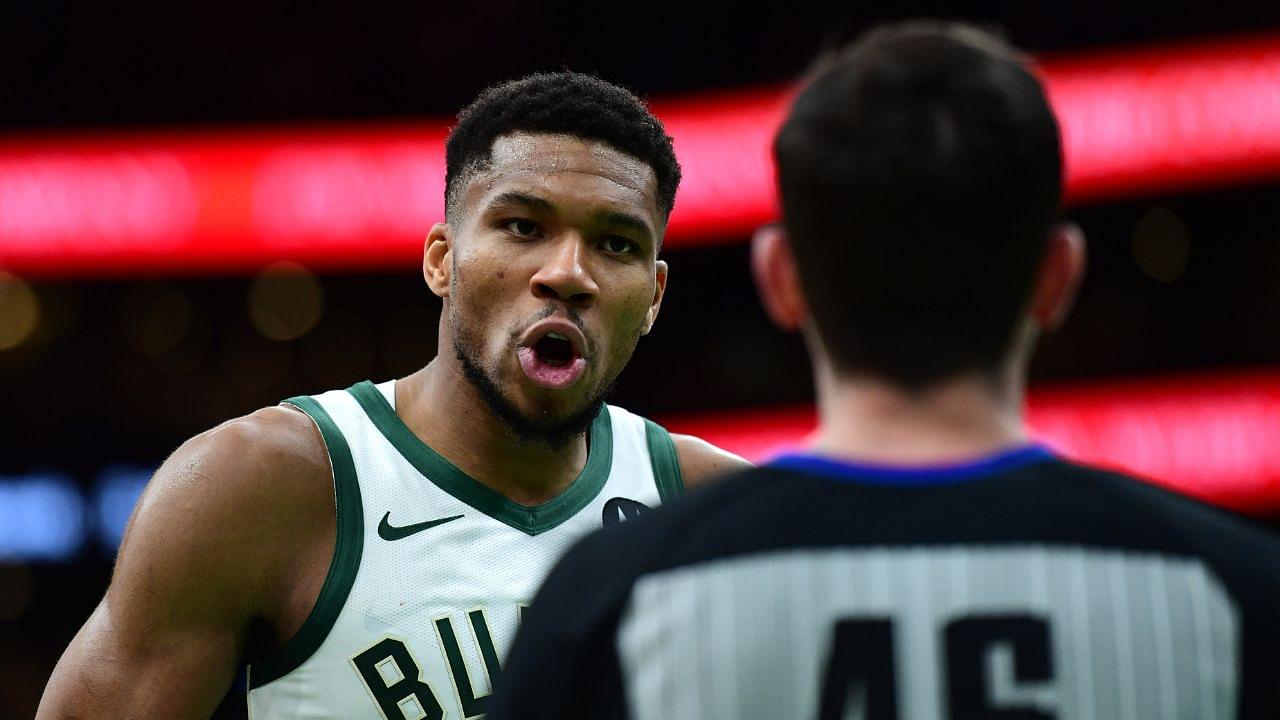 Milwaukee Bucks forward Giannis Antetokounmpo (34) has words with crew chief Ben Taylor during the second half at TD Garden.